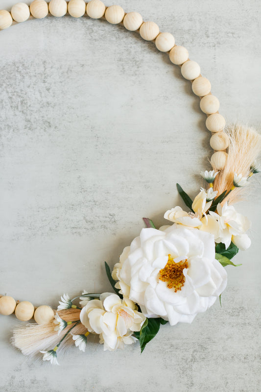 DIY Wooden Bead & Floral Spring Wreath
