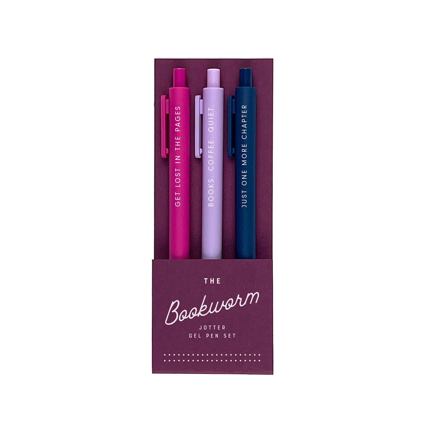 Set of three pens in a purple packaging with text, branded 'The Bookworm'.