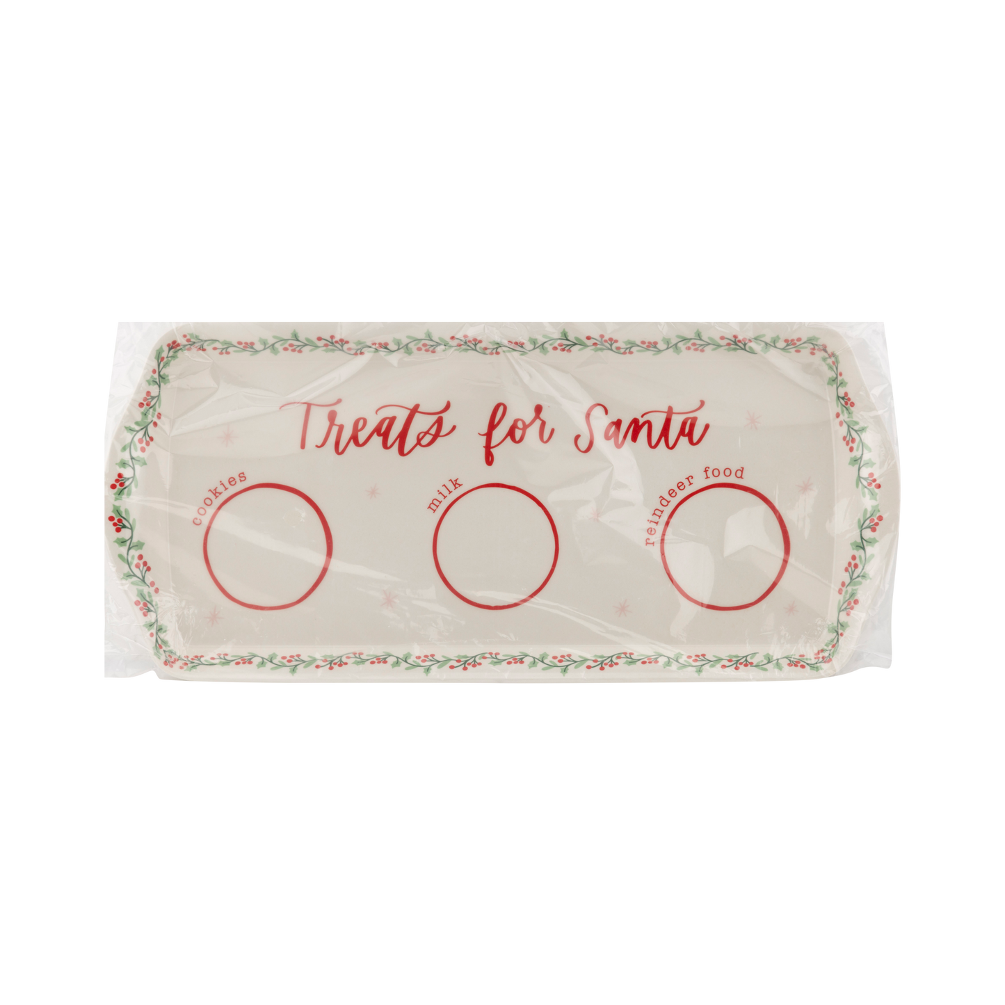 A beige bamboo fiber tray with a garland design, titled 'Treats for Santa' with three circular cut-outs for cookies, milk, and reindeer snacks.