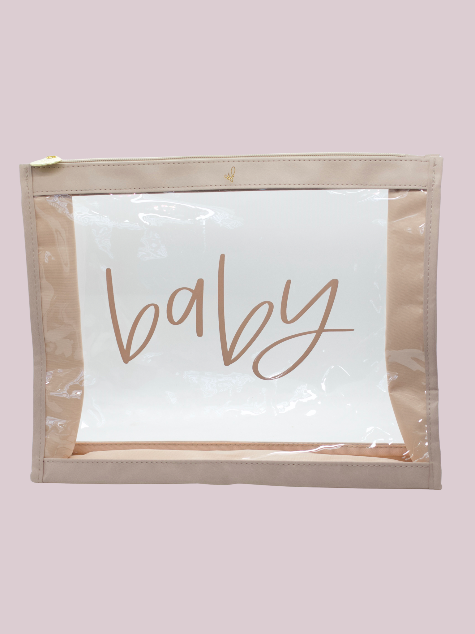A clear vinyl organizer pouch with a 'baby' text in soft taupe color on the front, with a zipper closure and a taupe trim.