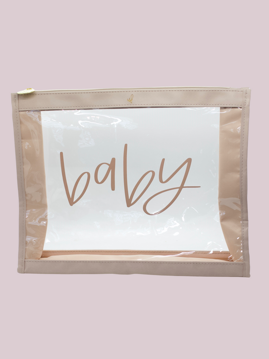 A clear vinyl organizer pouch with a 'baby' text in soft taupe color on the front, with a zipper closure and a taupe trim.