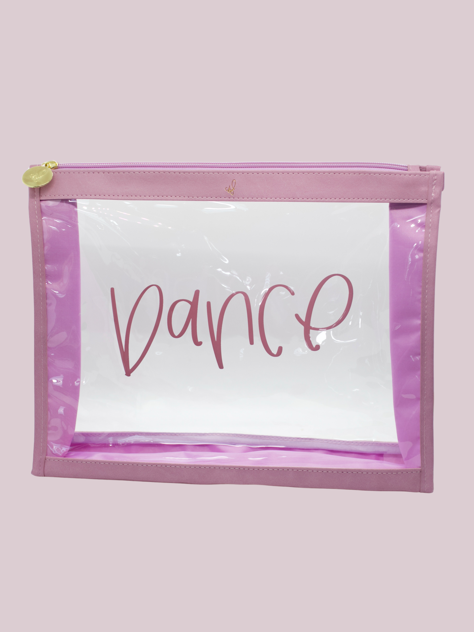 A clear plastic organizer pouch with lavender trim, labeled 'Dance' on the front.