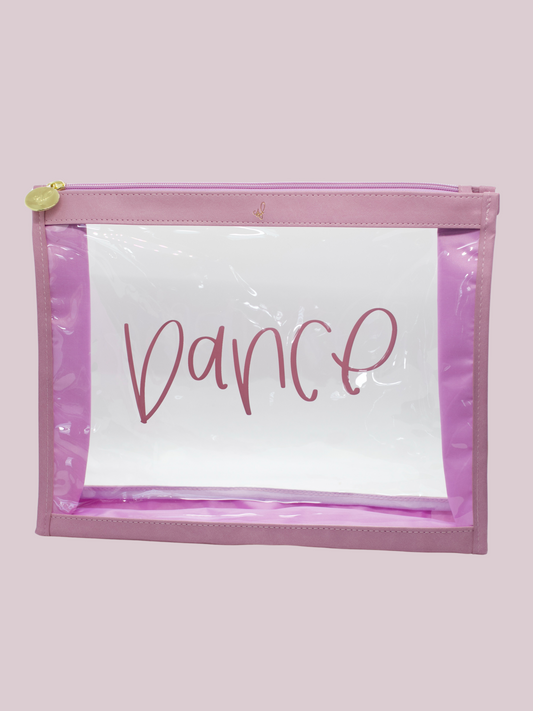A clear plastic organizer pouch with lavender trim, labeled 'Dance' on the front.
