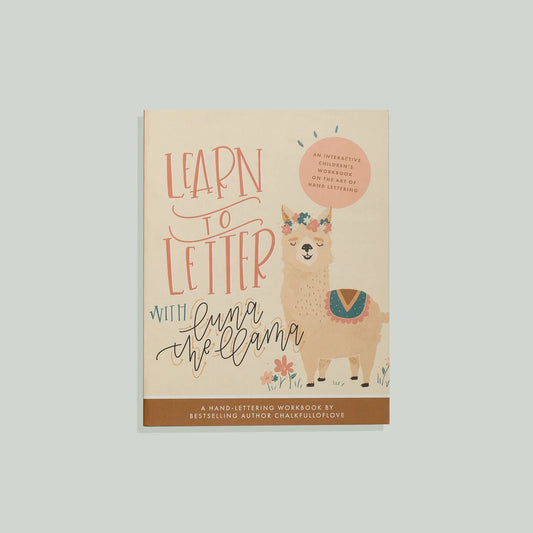 A children's interactive workbook titled 'Learn to Letter with Luna the Llama' featuring an illustration of a smiling llama with a flower crown.