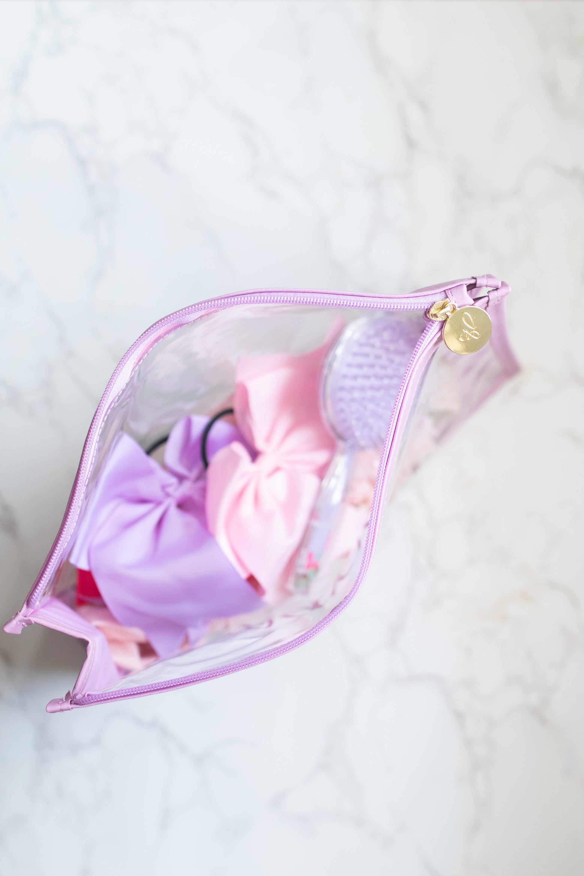 A clear vinyl organizer pouch with lavender trim, labeled 'Dance' on the front.