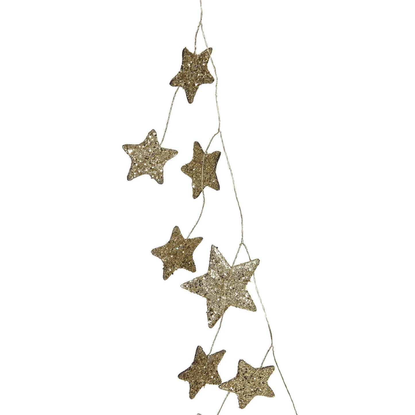 A gold glitter paper star garland displayed against a white background.
