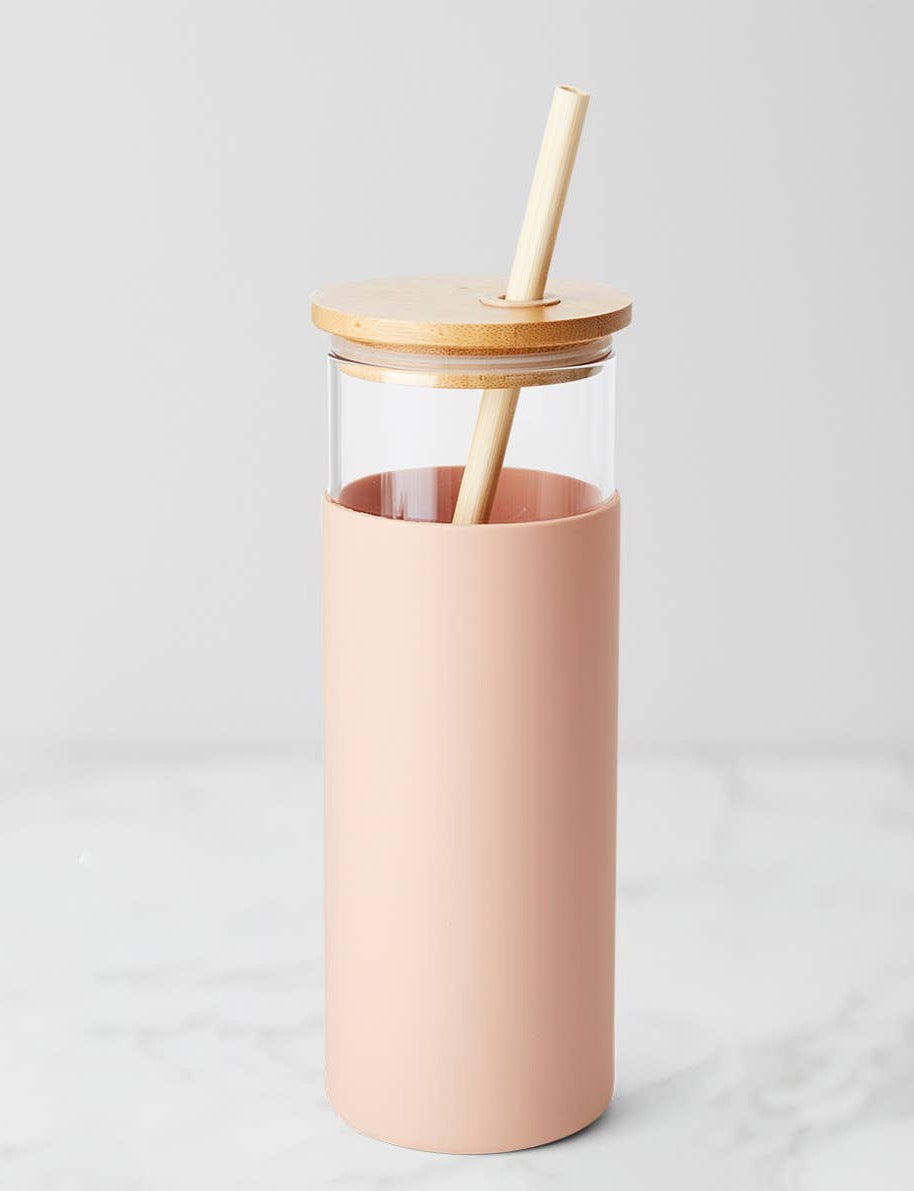 Reusable Glass Coffee Tumbler with Bamboo Wooden Lid and Glass