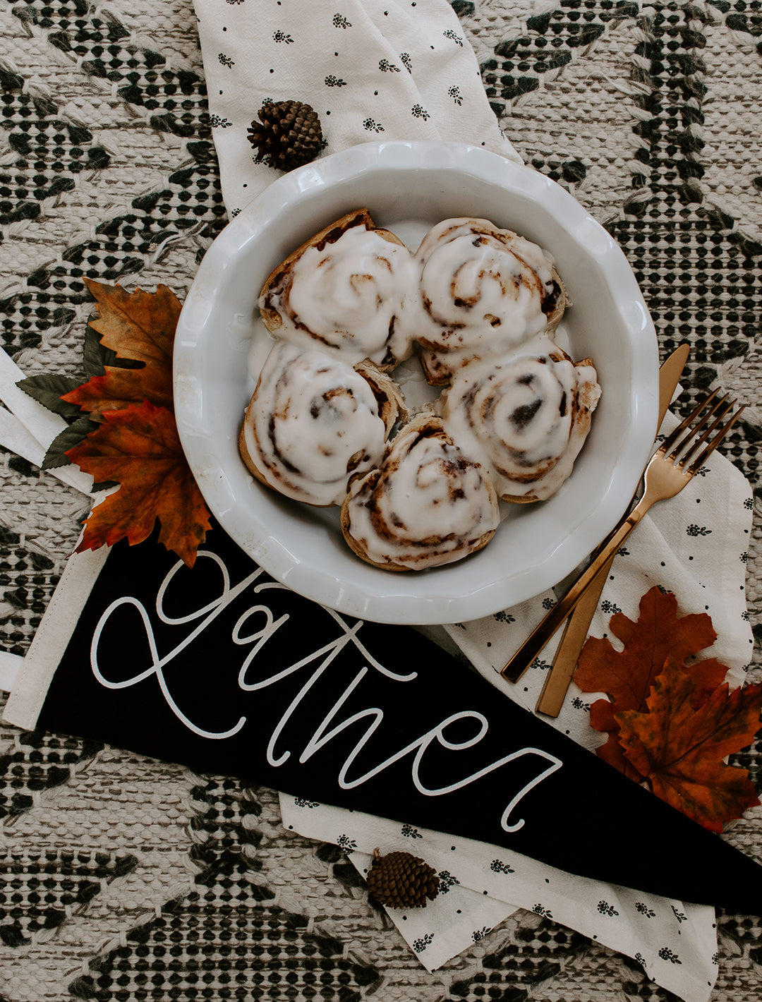 Black and Cream Felt Pennant with 'Gather' hand lettered print in white