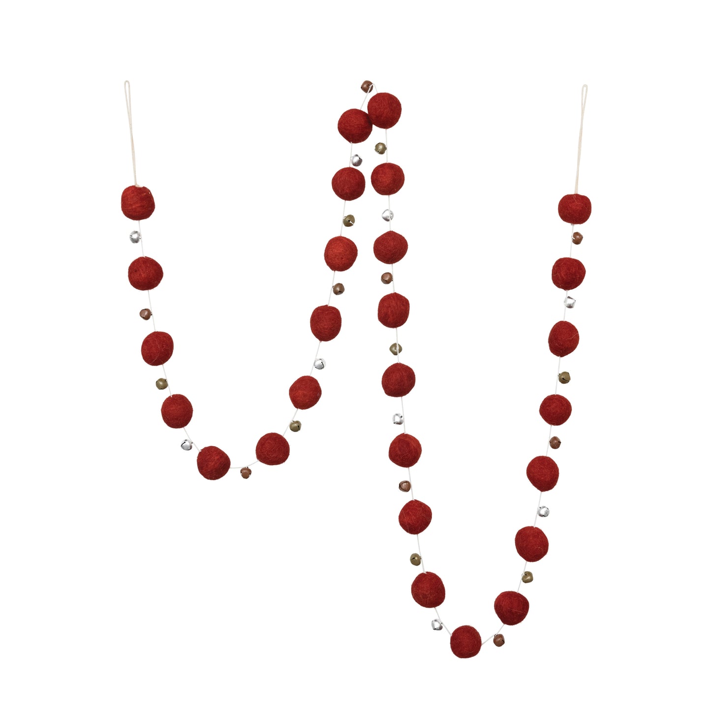 Wool Felt Ball Garland with Bells, Red 72"L