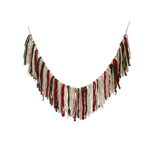 Yarn Tassel Garland, Red, Green and Cream Color 59"L