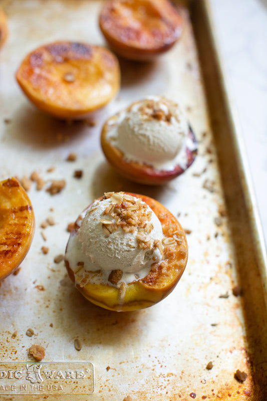 Roasted Peaches with Vanilla Ice Cream & Cobbler Crumble