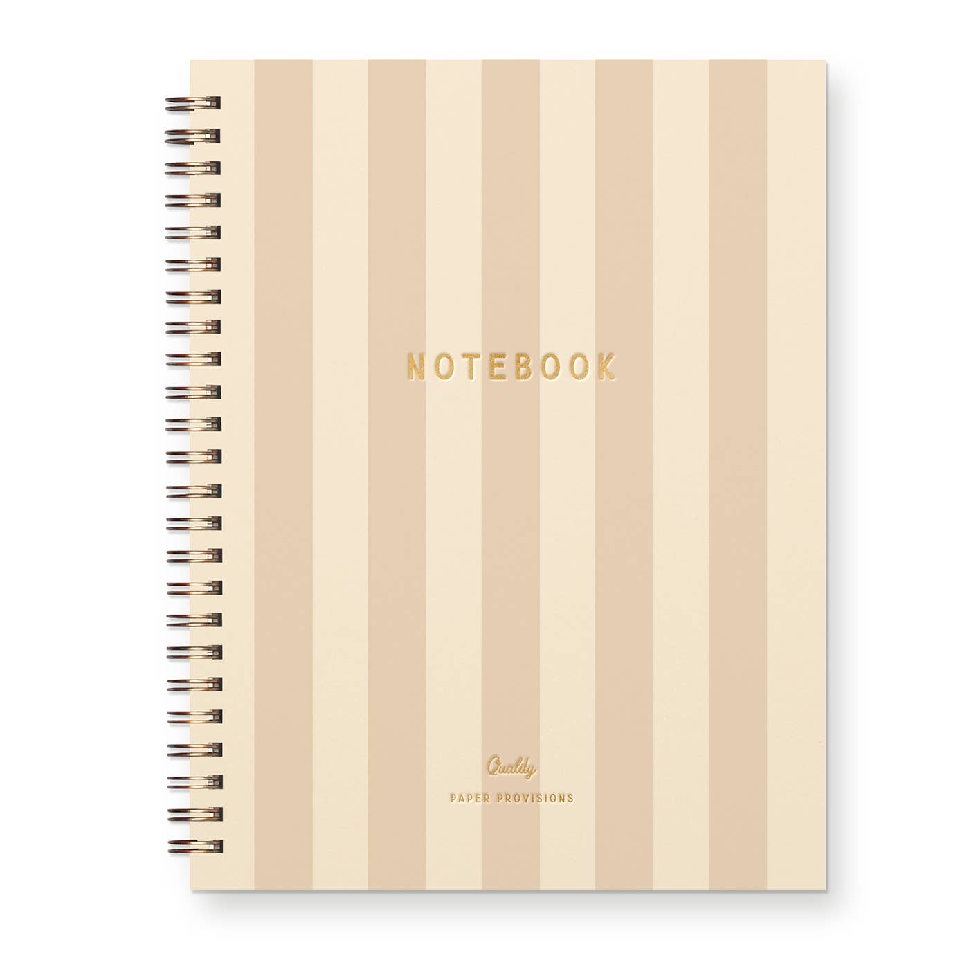 Notebook with beige and white striped cover and gold text 