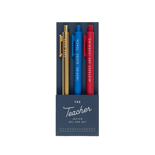 Set of three gel pens in gold, blue, and red with a packaging box labeled 'The Teacher Jotter Gel Pen Set' on a white background.