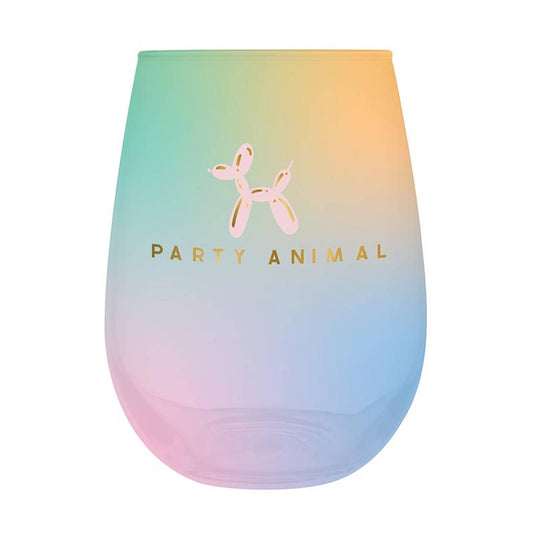 Colorful gradient wine glass with 'Party Animal' text and dog icon on a white background