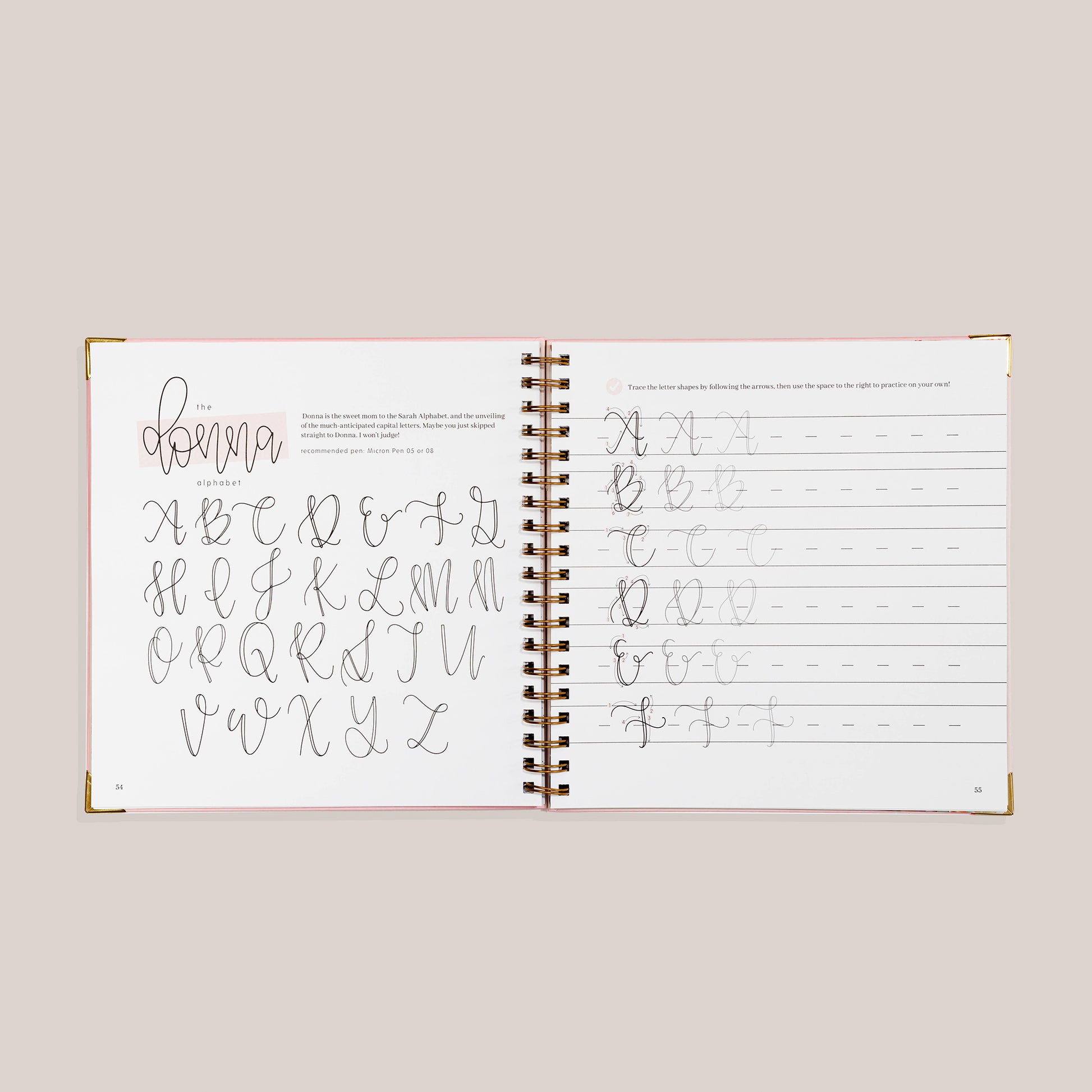 Open view of 'Modern Calligraphy' with calligraphy practice pages on a beige background 