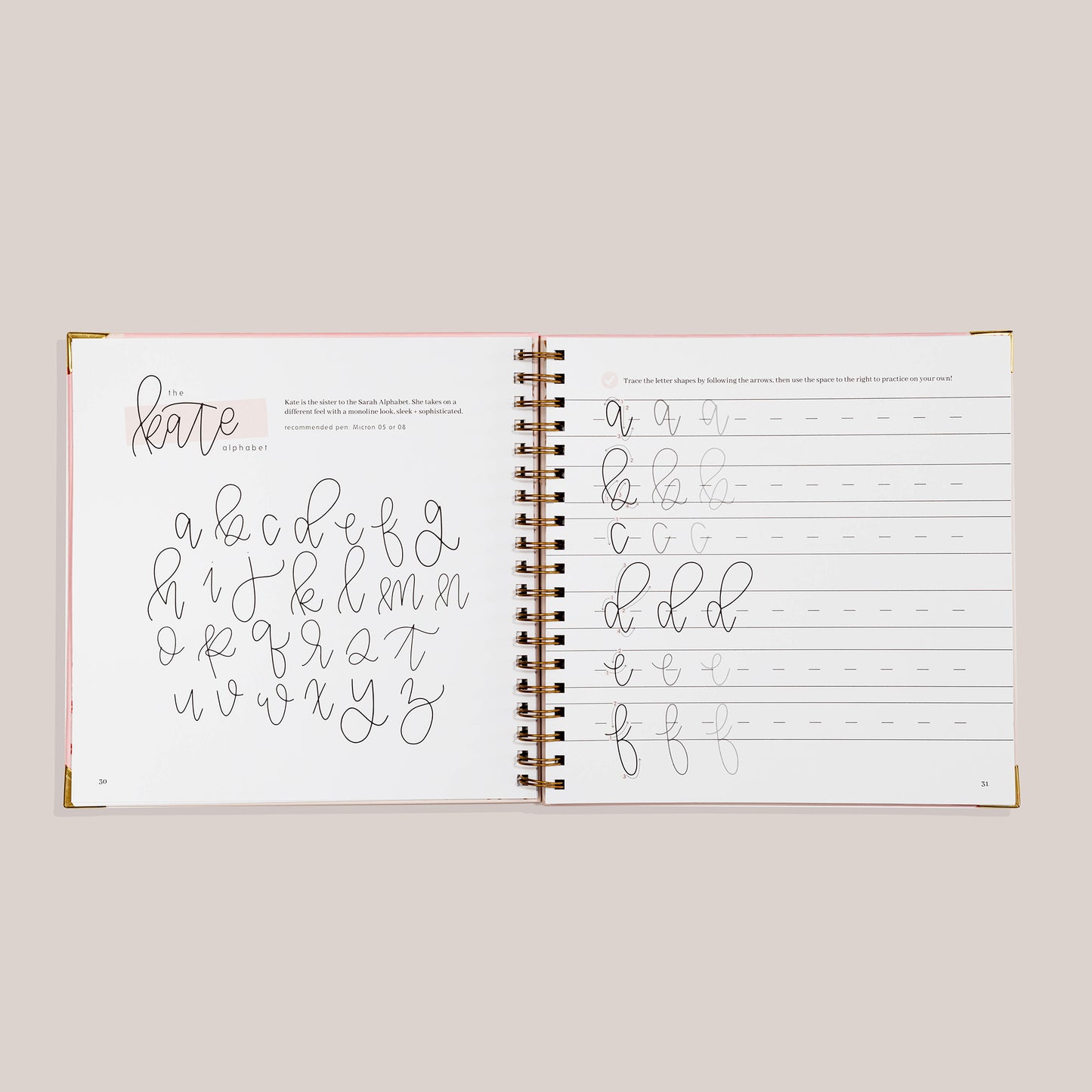 Open view of 'Modern Calligraphy' with calligraphy practice pages on a beige background 