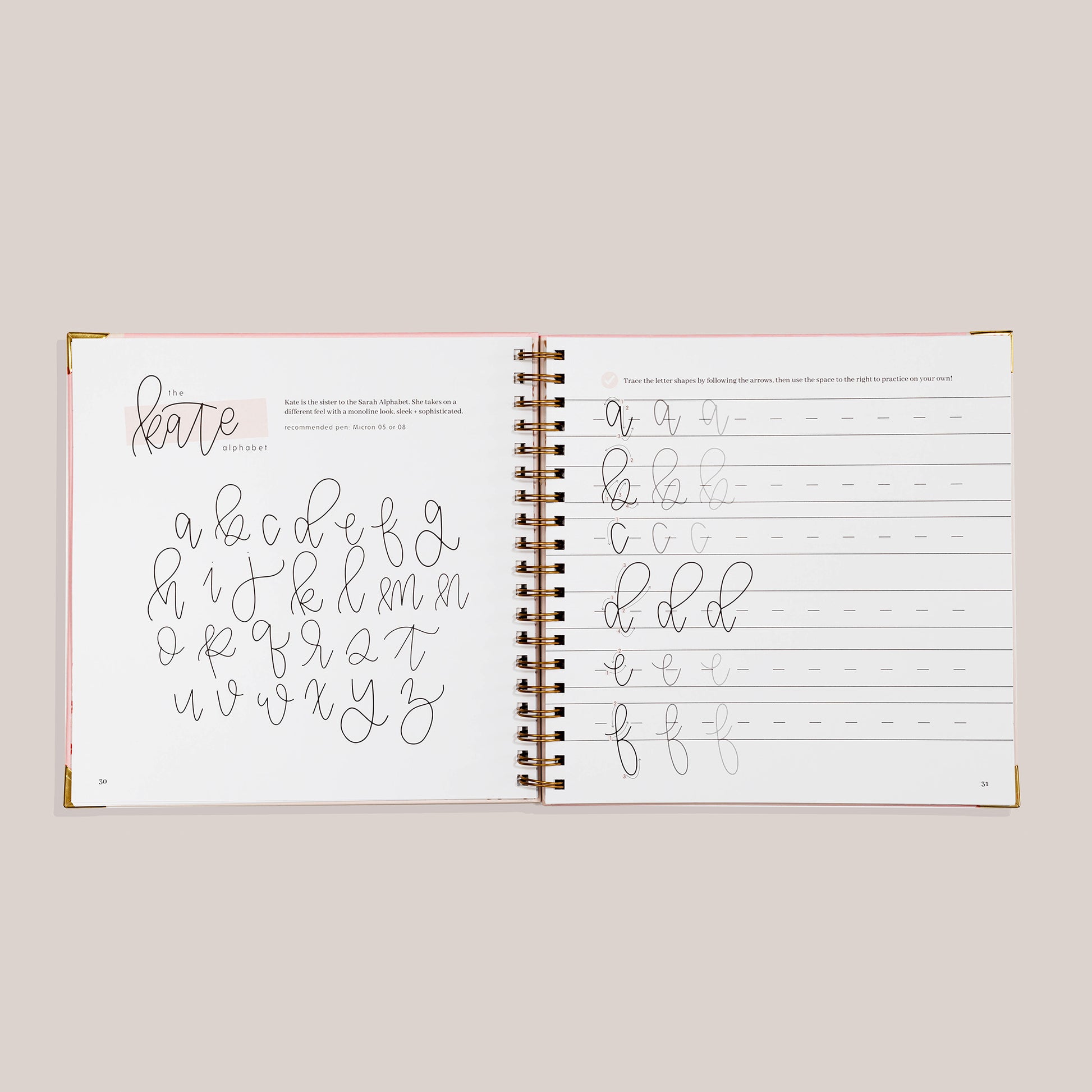 Open view of 'Modern Calligraphy' with calligraphy practice pages on a beige background 