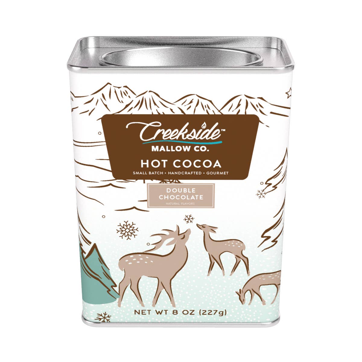 Creekside Mallow Co. hot cocoa can with mountain and deer design on a white background