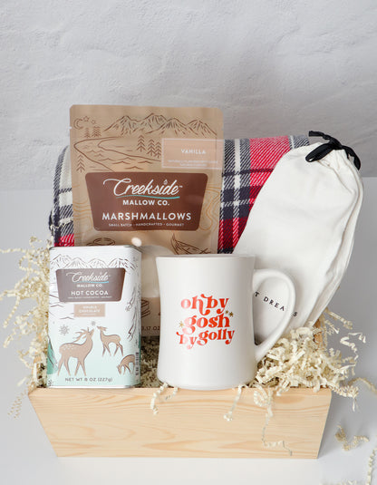 Gift basket with a mug, marshmallows, and hot cocoa mix on a gray background