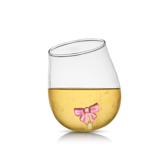 Pink Bow Stemless Wine Glass