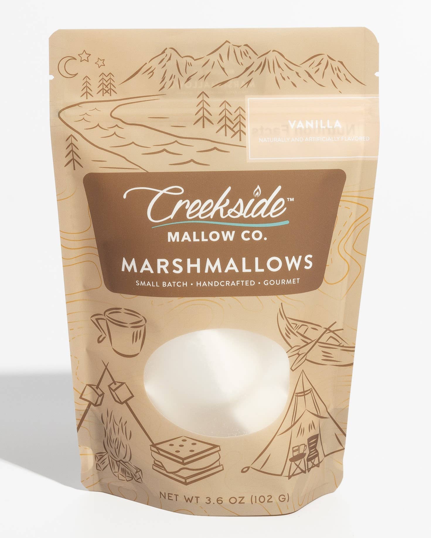 Packaged marshmallows from Creekside Mallow Co. with mountain and camping-themed design.