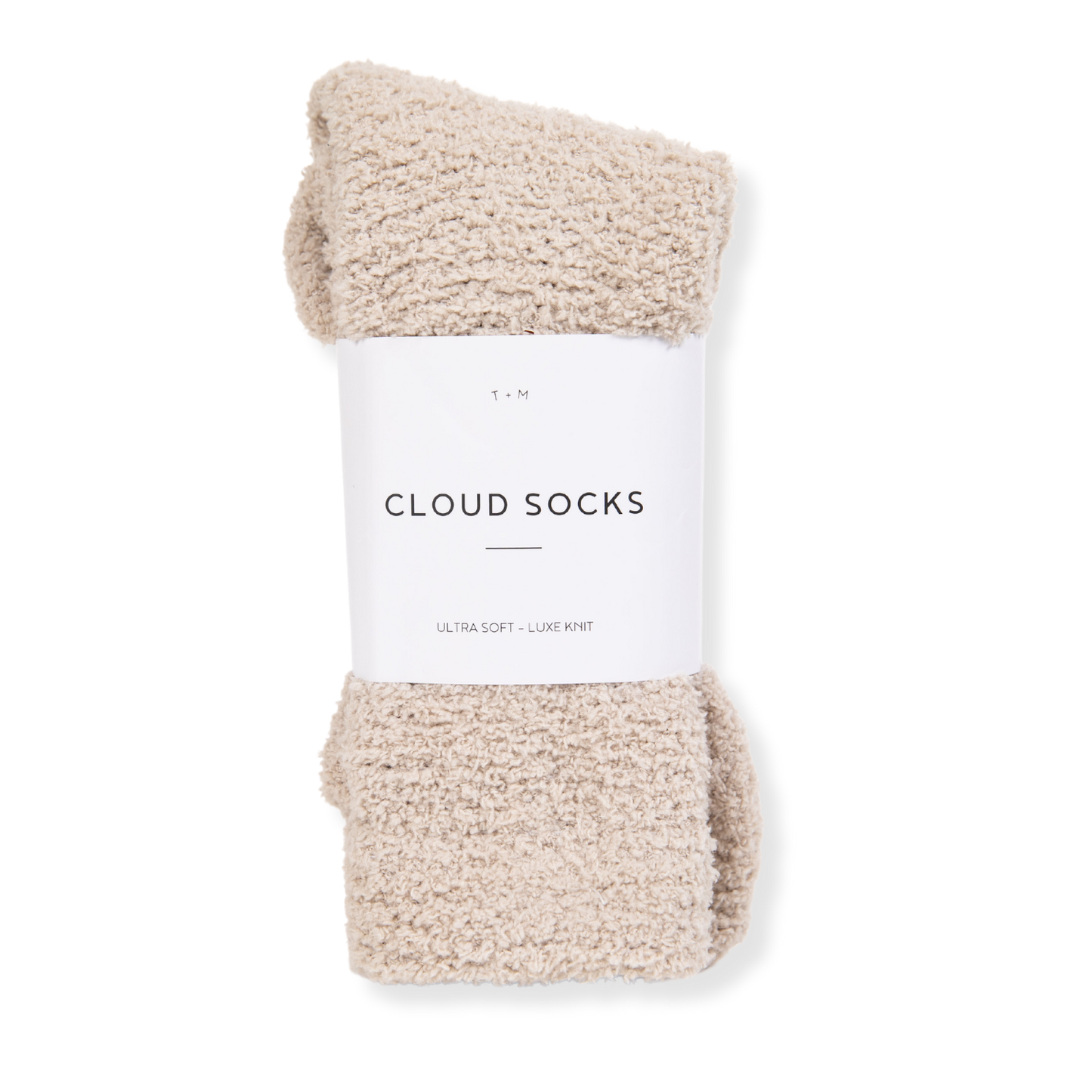 Beige cloud socks with a white label on a white background