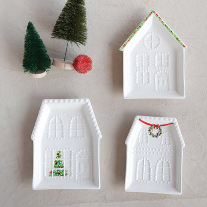 Embossed Stoneware Mini Christmas House Plate, Set of 3