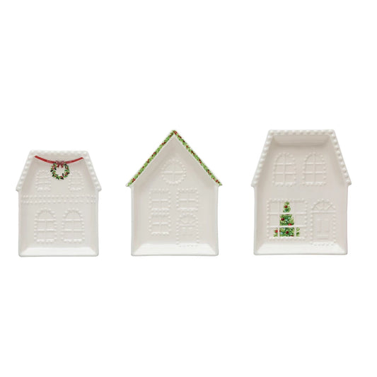 Embossed Stoneware Mini Christmas House Plate, Set of 3