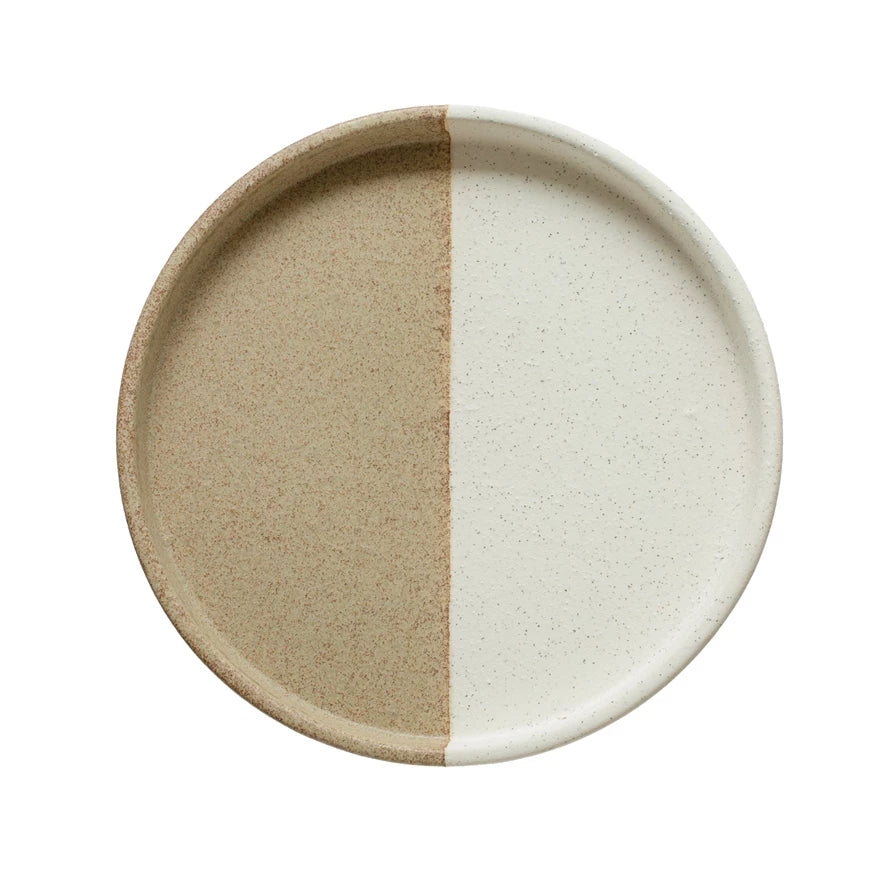 Round Two-Tone Stoneware Tray with Speckled Glaze