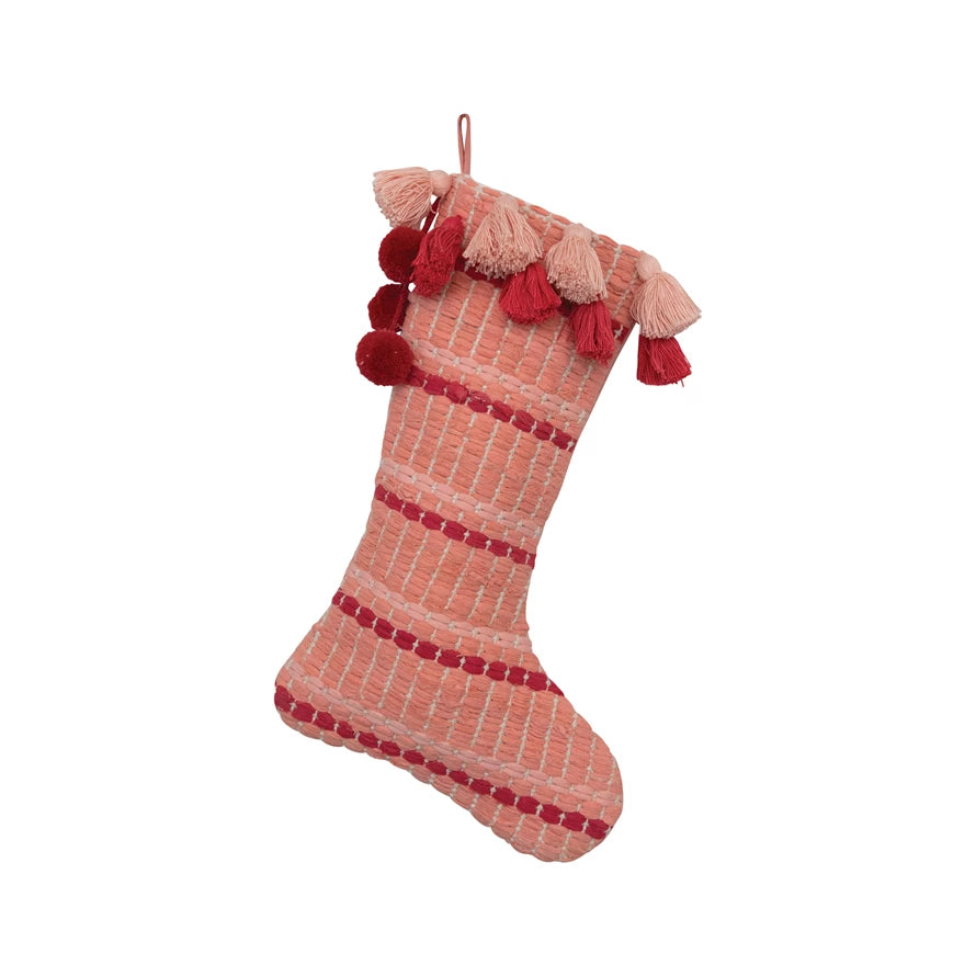 Woven Cotton Stocking with Tassels, Red and Pink
